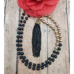 Charming Charlie Gold Tone & Black Long Beaded Necklace Chain Tassel Pendant 34"